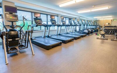 The fitness center in Sonesta San Jose is fully equipped with racks of free weights, benches, and assorted exercise machines including treadmills and ellipticals.