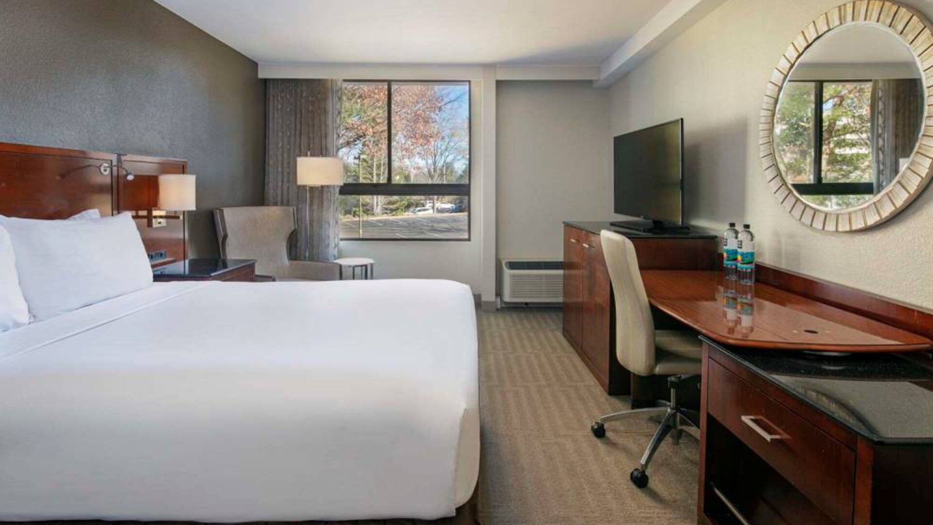 Sonesta Charlotte Executive Park double bed guest room, featuring window, armchair, workspace desk and chair, and TV.