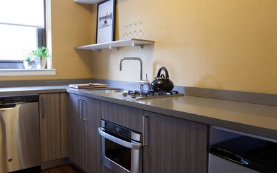 Guest room kitchen in The Fifty Sonesta Select New York, including oven, hob, chopping board, sink, and a small potted plant.