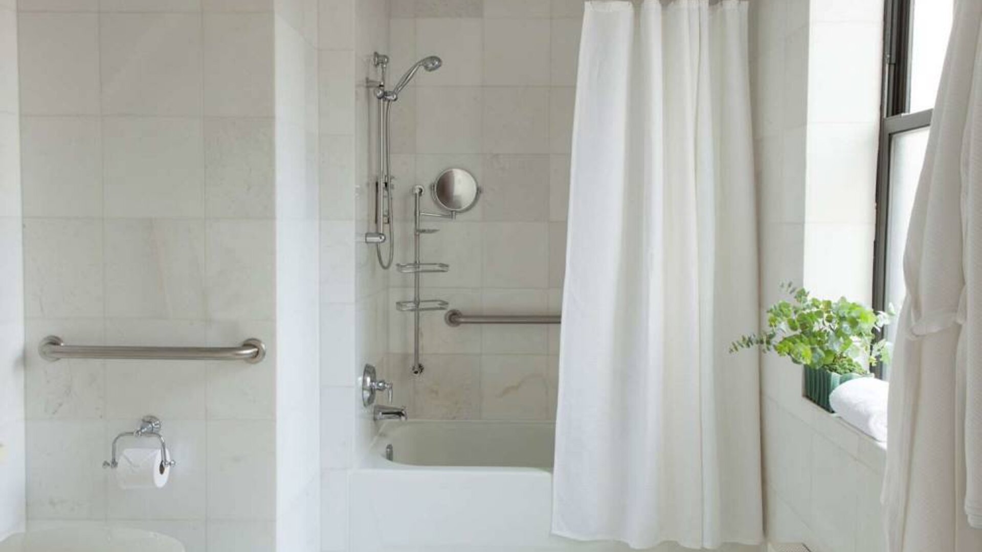 Guest bathroom in The Benjamin Royal Sonesta New York, featuring bath, shower, lavatory, and a small potted plant.