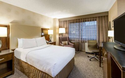 Sonesta White Plains Downtown double bed guest room, with armchair, TV, desk and chair, and a window.