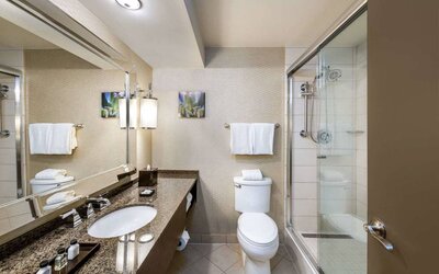 Sonesta White Plains Downtown guest bathroom including shower, lavatory, sink, and mirror.