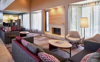 Lounge in the hotel lobby, including large windows, coffee tables, comfy seating, and a fireplace.