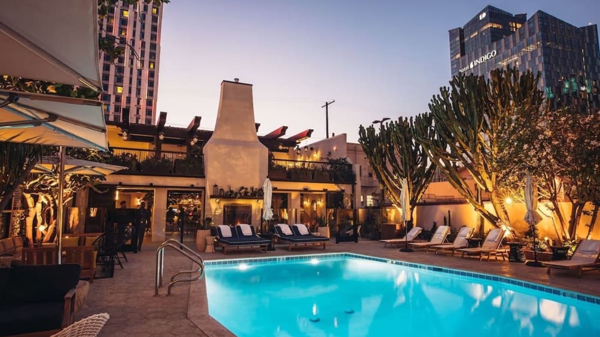 Outdoor pool at night at Hotel Figueroa.