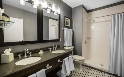 Guest bathroom with shower at EnVision Hotel St. Paul South.