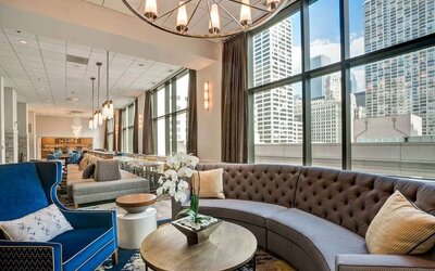 Lounge and lobby at Homewood Suites By Hilton Chicago-Downtown.