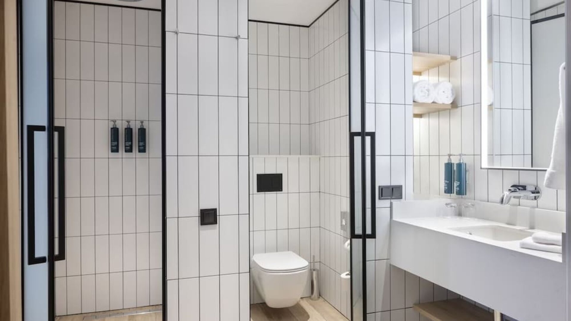 Guest bathroom with shower at Hilton Garden Inn Tbilisi Riverview.