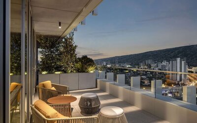 Outdoor terrace at Hilton Garden Inn Tbilisi Riverview.