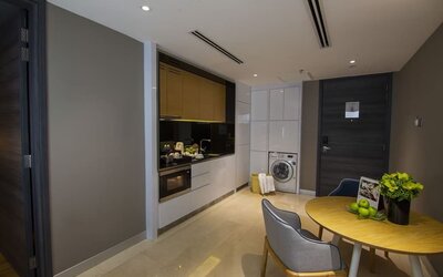 In-room kitchen at Fraser Place Puteri Harbour.