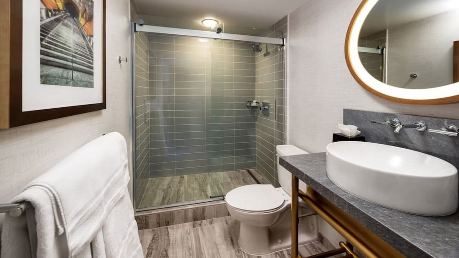 Guest bathroom with shower at Hotel Dena, Pasadena Los Angeles.