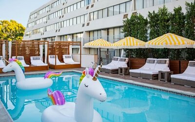 Fun in the sun in this stunning outdoor pool at Hotel Dena, Pasadena Los Angeles.