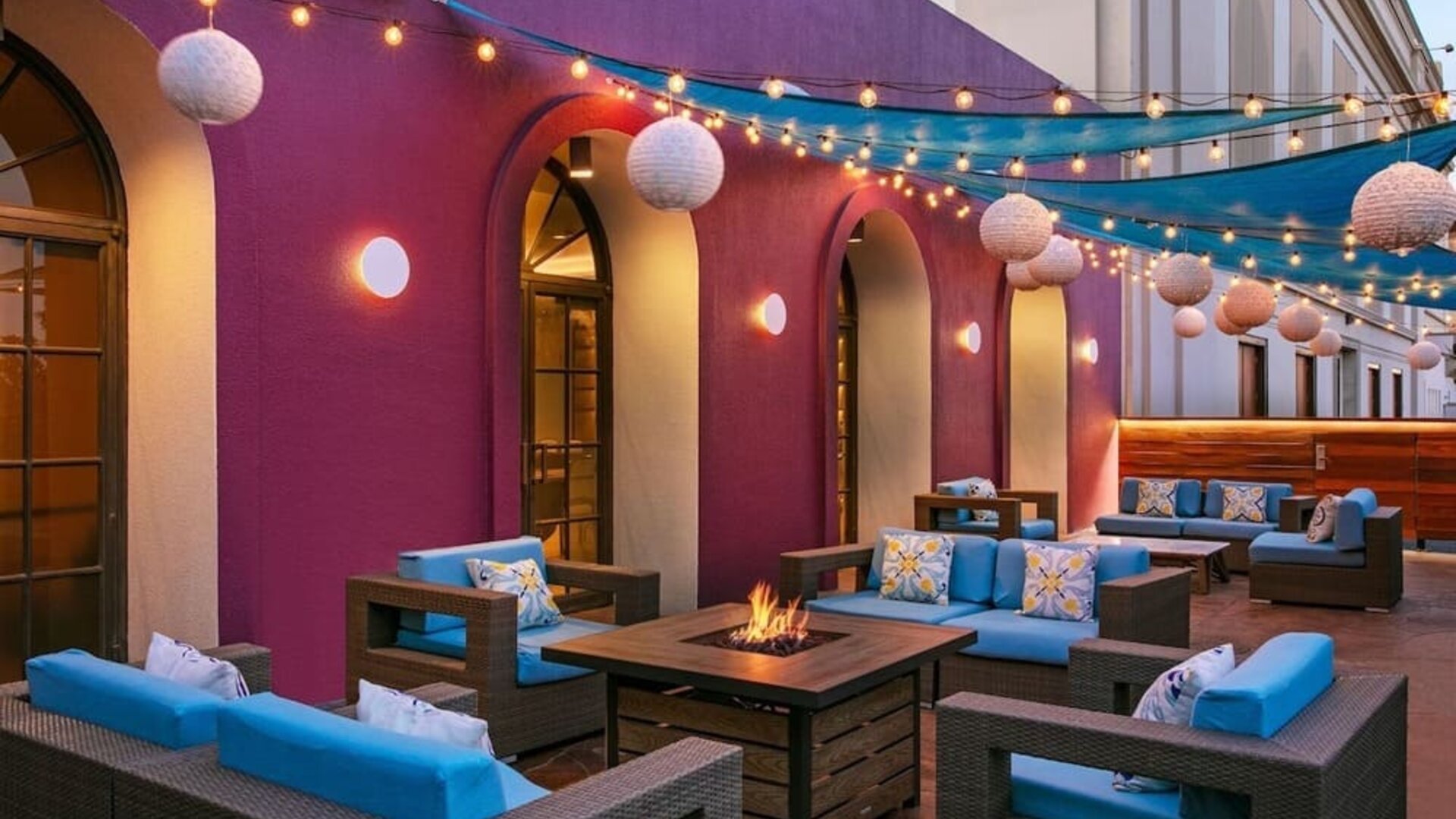 Coworking space, lounge, and fire pit at Hotel Dena, Pasadena Los Angeles.