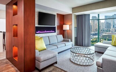 Lounge and coworking space at Novotel Toronto North York.