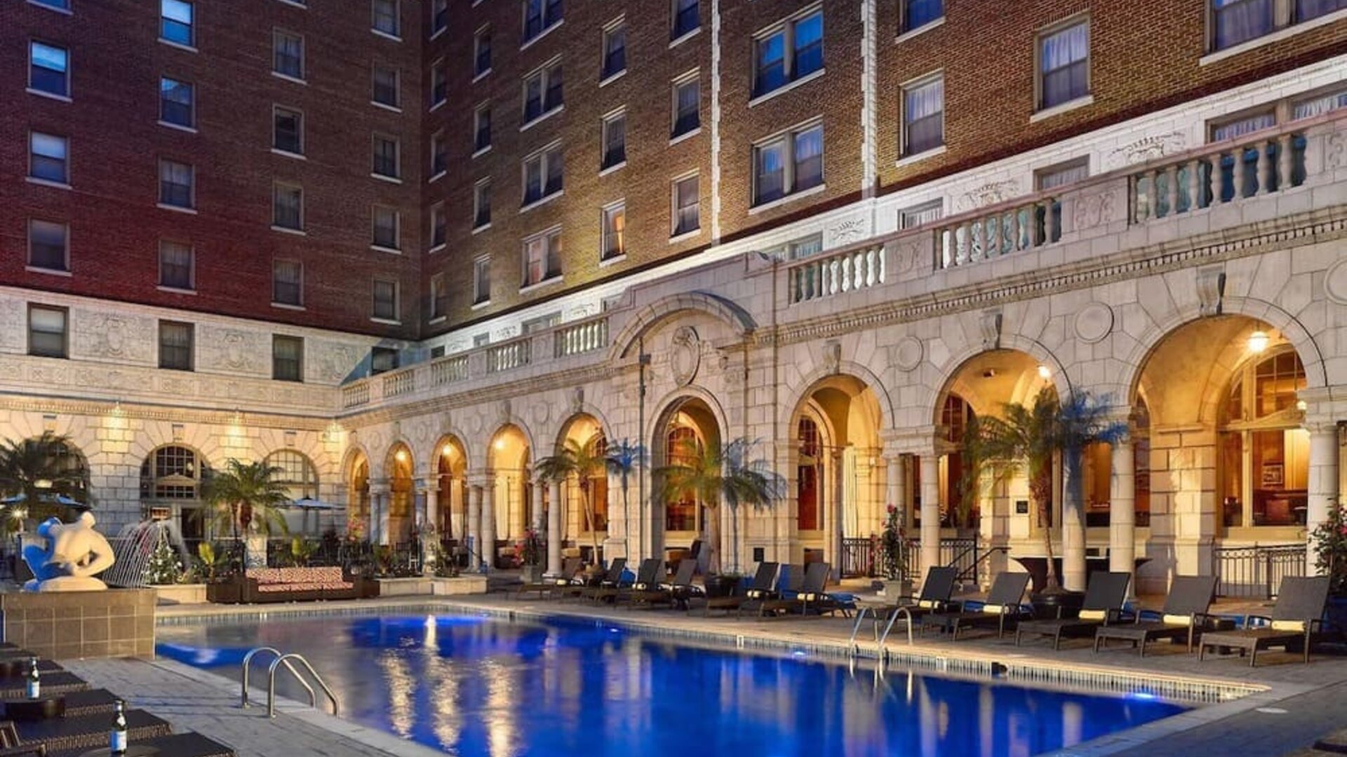 Outdoor pool at night at The Chase Park Plaza Royal Sonesta St. Louis.