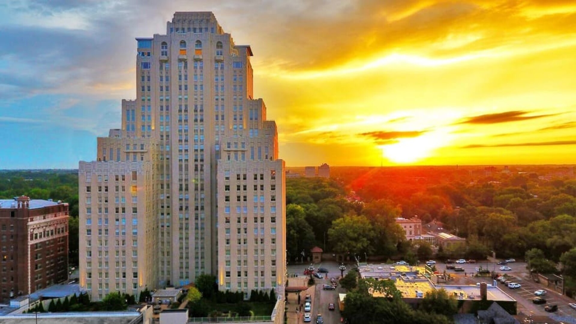 Hotel exterior at sunset at The Chase Park Plaza Royal Sonesta St. Louis.