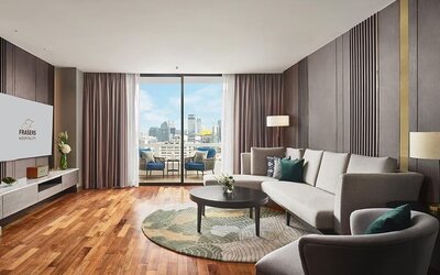 Beautiful king room with lounge and terrace at Fraser Suites Sukhumvit, Bangkok.