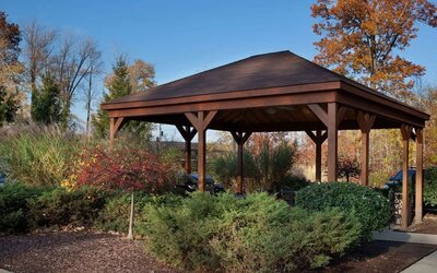 Outdoor terrace and garden at Sonesta Simply Suites Cleveland North Olmsted Airport.