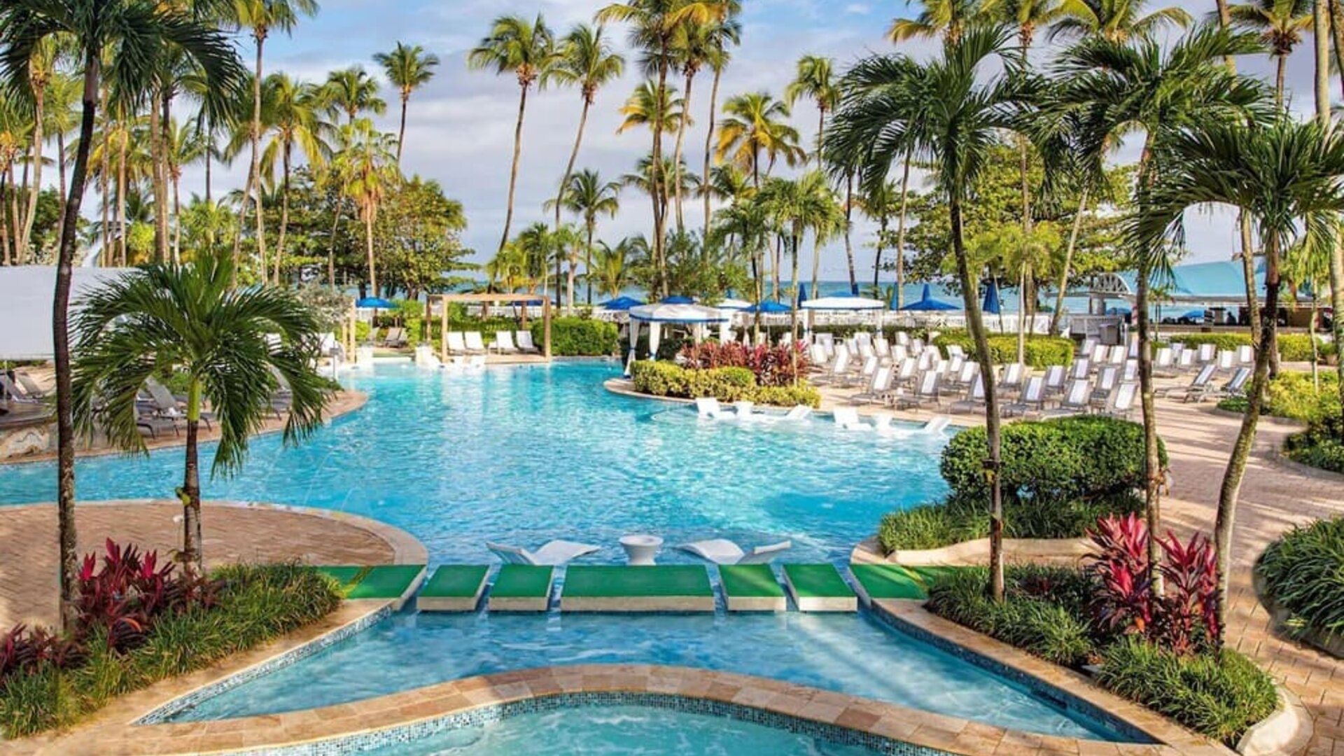 Outdoor pool with palm trees at Royal Sonesta San Juan.