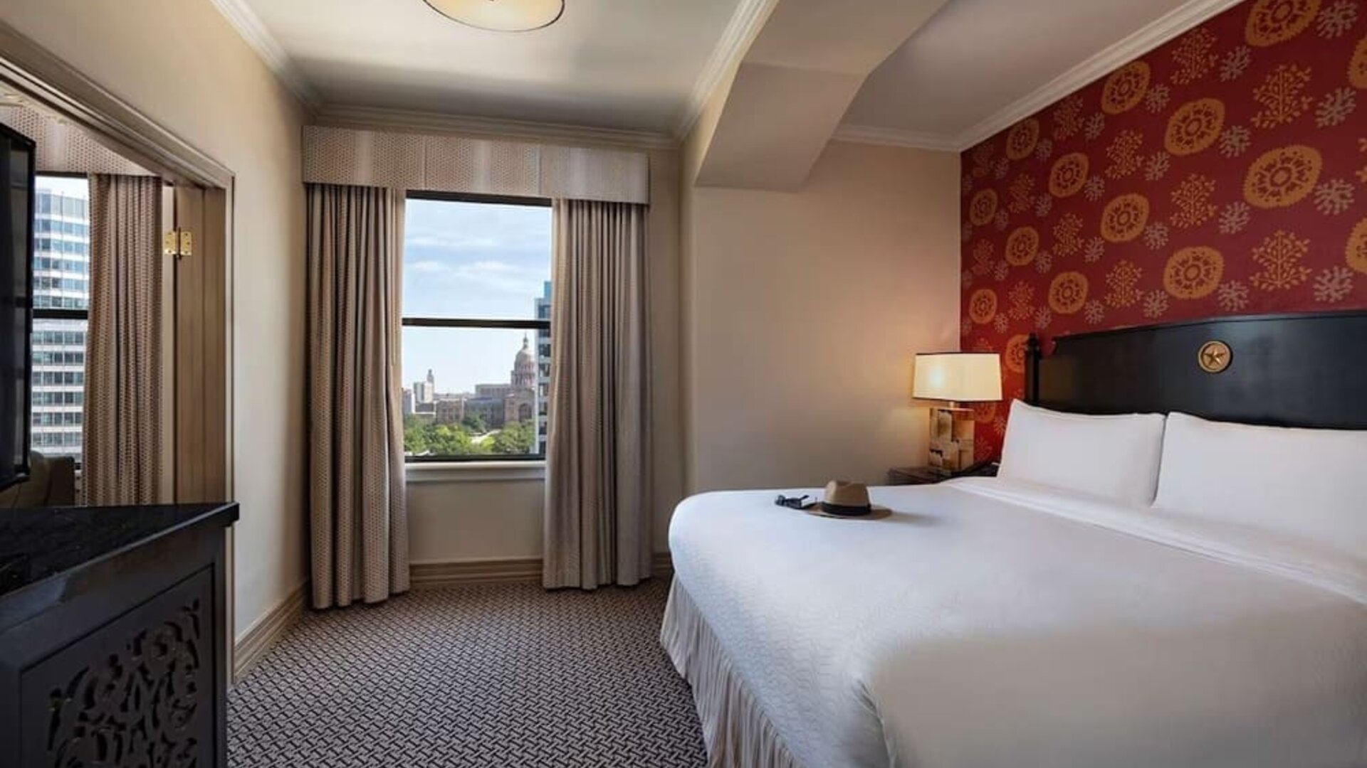 Romantic king room at The Stephen F Austin Royal Sonesta Hotel.