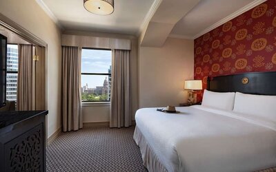 Romantic king room at The Stephen F Austin Royal Sonesta Hotel.