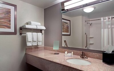 Guest bathroom with showre at Sonesta Select Atlanta Cumberland Galleria.