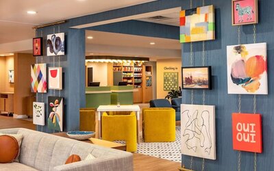 Coworking and lounge area at Sonesta Select Boston Foxborough Mansfield.