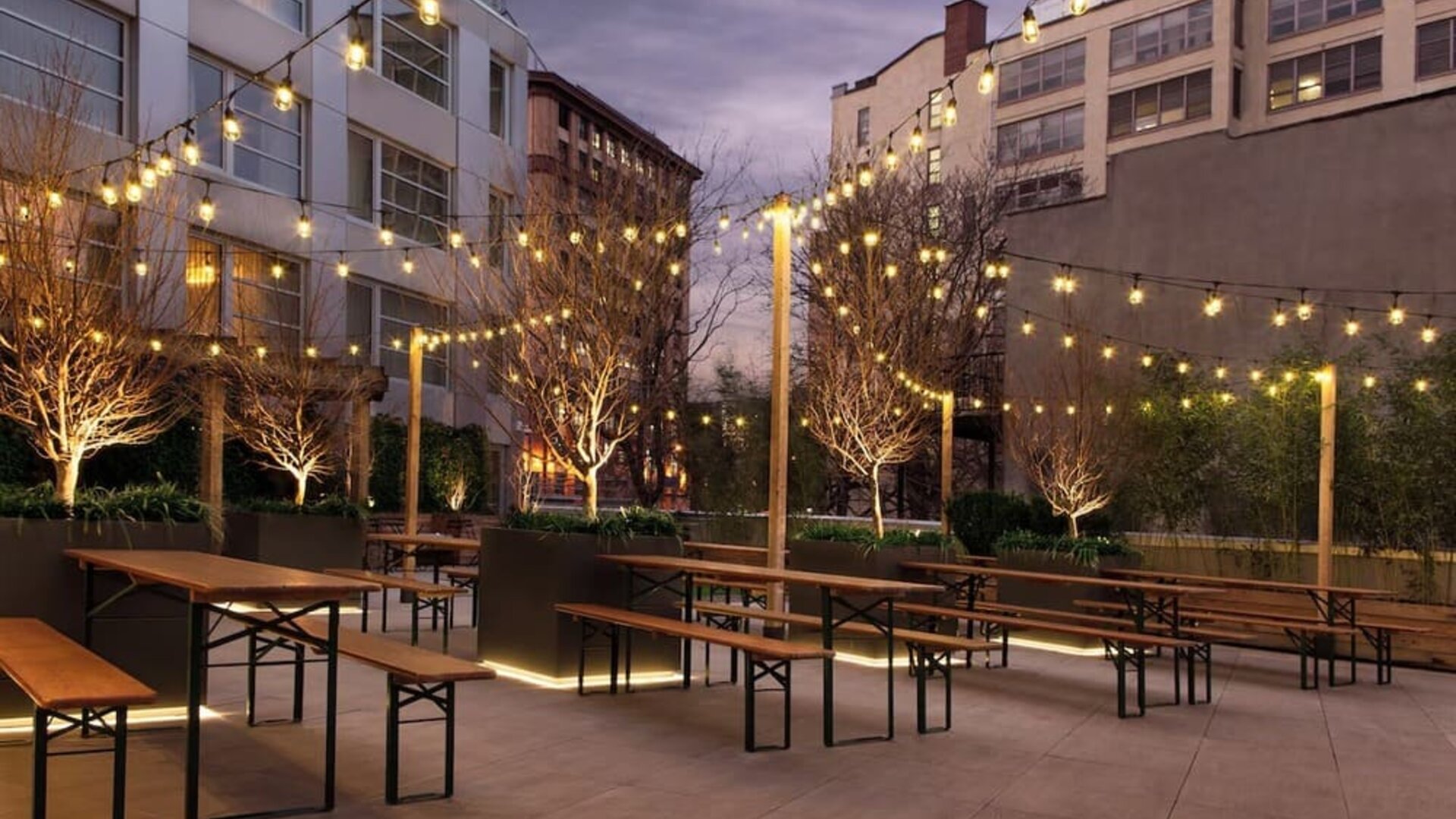 Outdoor lounge with night lights at The Tillary Hotel.