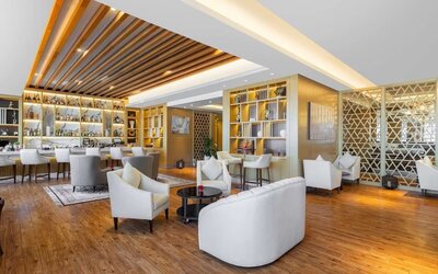 Lobby and coworking area at V Hotel Dubai.