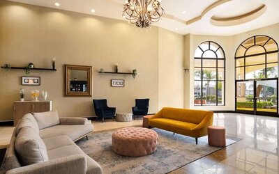 Lobby and coworking space at Hotel Marguerite.