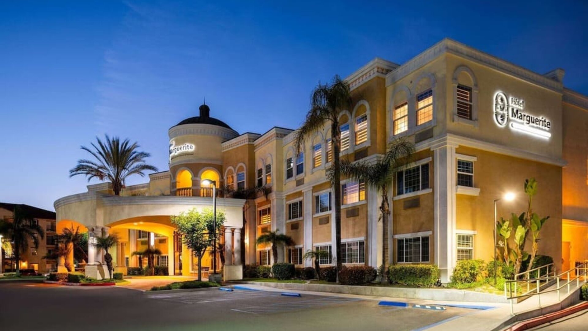 Hotel exterior at night at Hotel Marguerite.