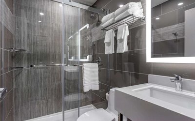 Guest bathroom with shower at Comfort Inn JFK Airport.