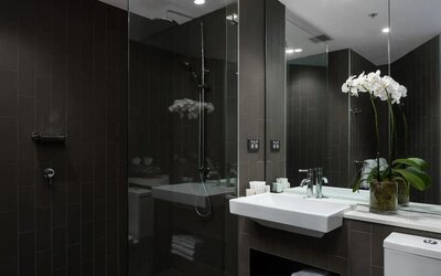Guest bathroom with shower at Rydges Sydney Airport Hotel.