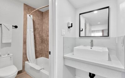 Guest bathroom with shower at Tradewinds Motel.