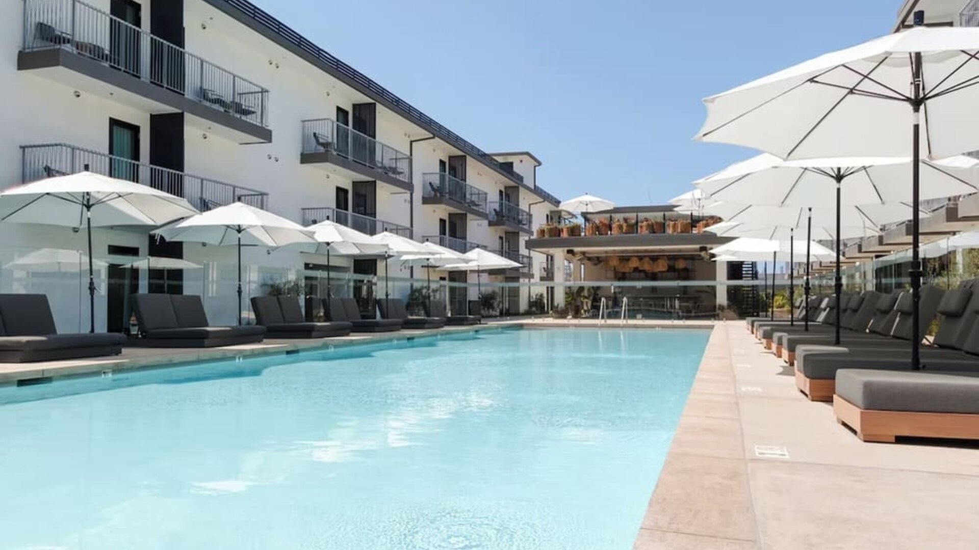 Spacious pool area at Lum Hotel Inglewood.