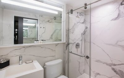 Guest bathroom with shower at Aliz Hotel Times Square.