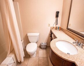 Guest bathroom featuring a granite countertop vanity, full bath, and essential amenities at Sturbridge Host Hotel.