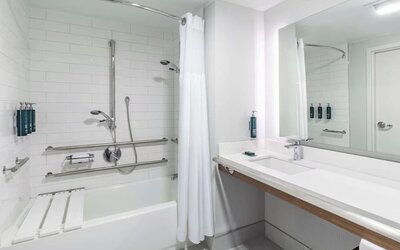Modern guest bathroom featuring a soaking tub, accessible design elements, contemporary fixtures, and premium amenities at DoubleTree by Hilton Westborough.