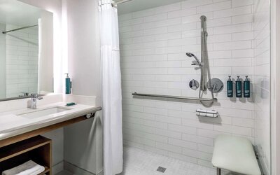 Accessible roll-in shower bathroom featuring safety features, spacious design, and modern amenities for enhanced guest comfort at DoubleTree by Hilton Westborough.