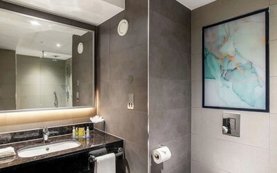 Guest bathroom with shower at Hilton Garden Inn London Heathrow Terminals 2 And 3.