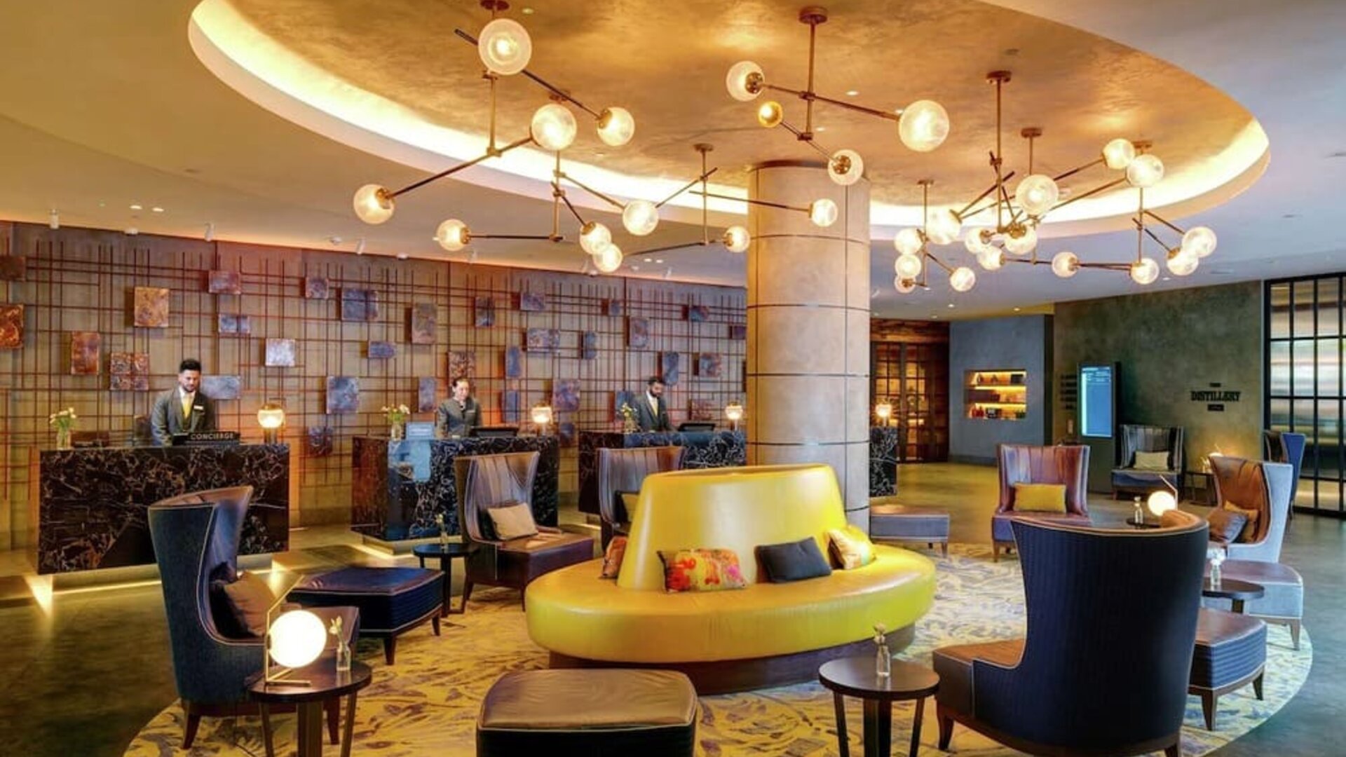 Lobby and coworking lounge at Hilton London Bankside. 