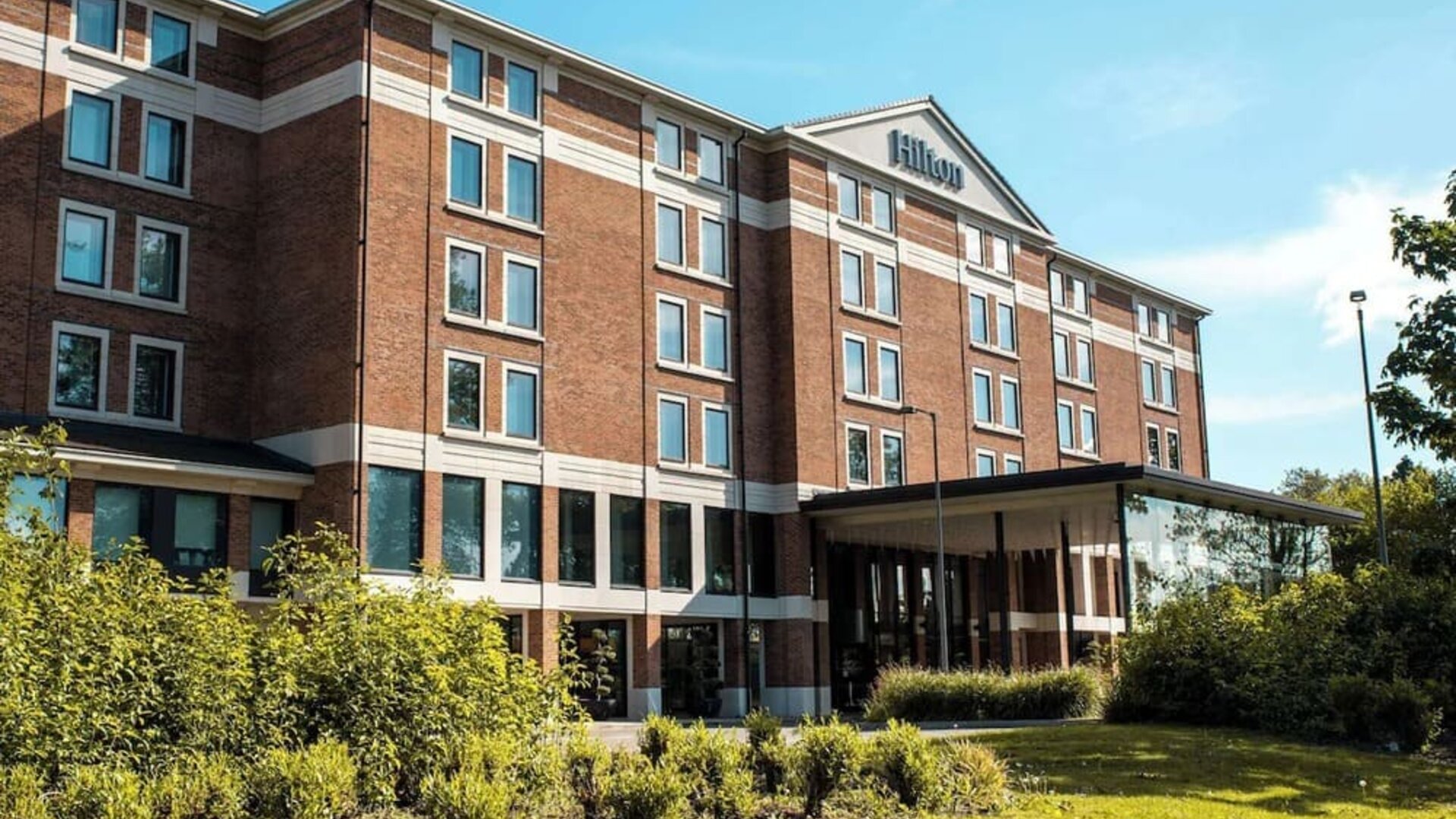 Hotel exterior at Hilton London Heathrow Airport Terminal 5.