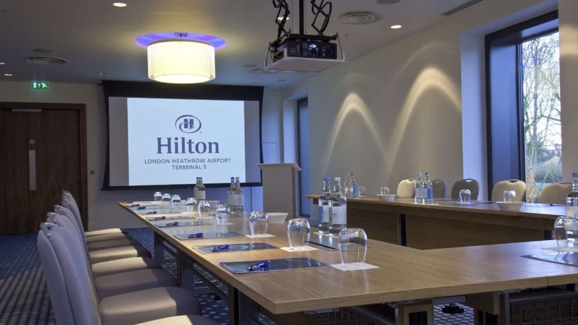 Professional meeting room at Hilton London Heathrow Airport Terminal 5. 
