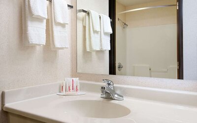 Private bathroom with shower at Baymont By Wyndham Pella.