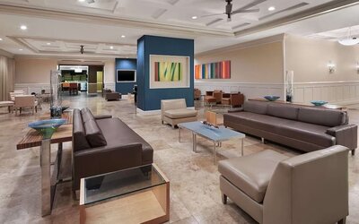 Lobby and coworking lounge at DoubleTree By Hilton Sunrise.