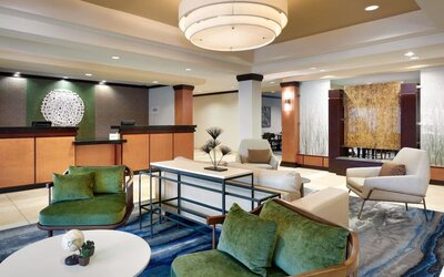 Lobby and coworking lounge at Fairfield Inn & Suites By Marriott Tallahassee Central.