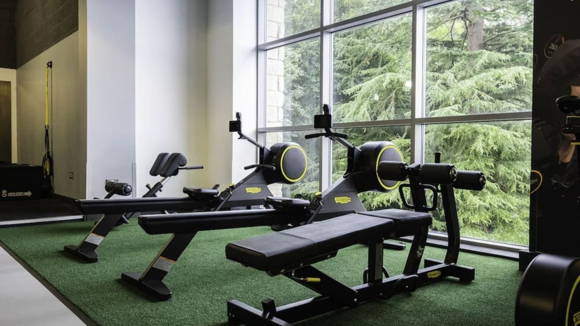 Well equipped fitness center with a view at DoubleTree By Hilton Bristol South - Cadbury House.