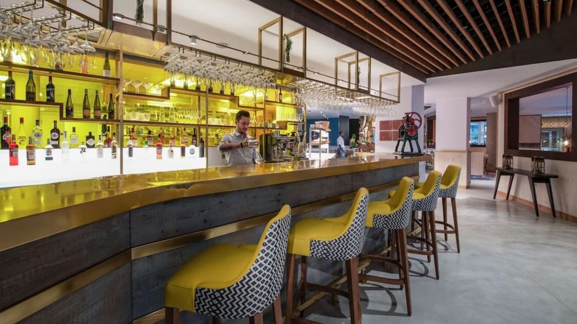 Hotel bar at Lincoln Plaza London, Curio Collection By Hilton. 