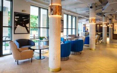 Lobby and coworking lounge at DoubleTree by Hilton London Kingston upon Thames.