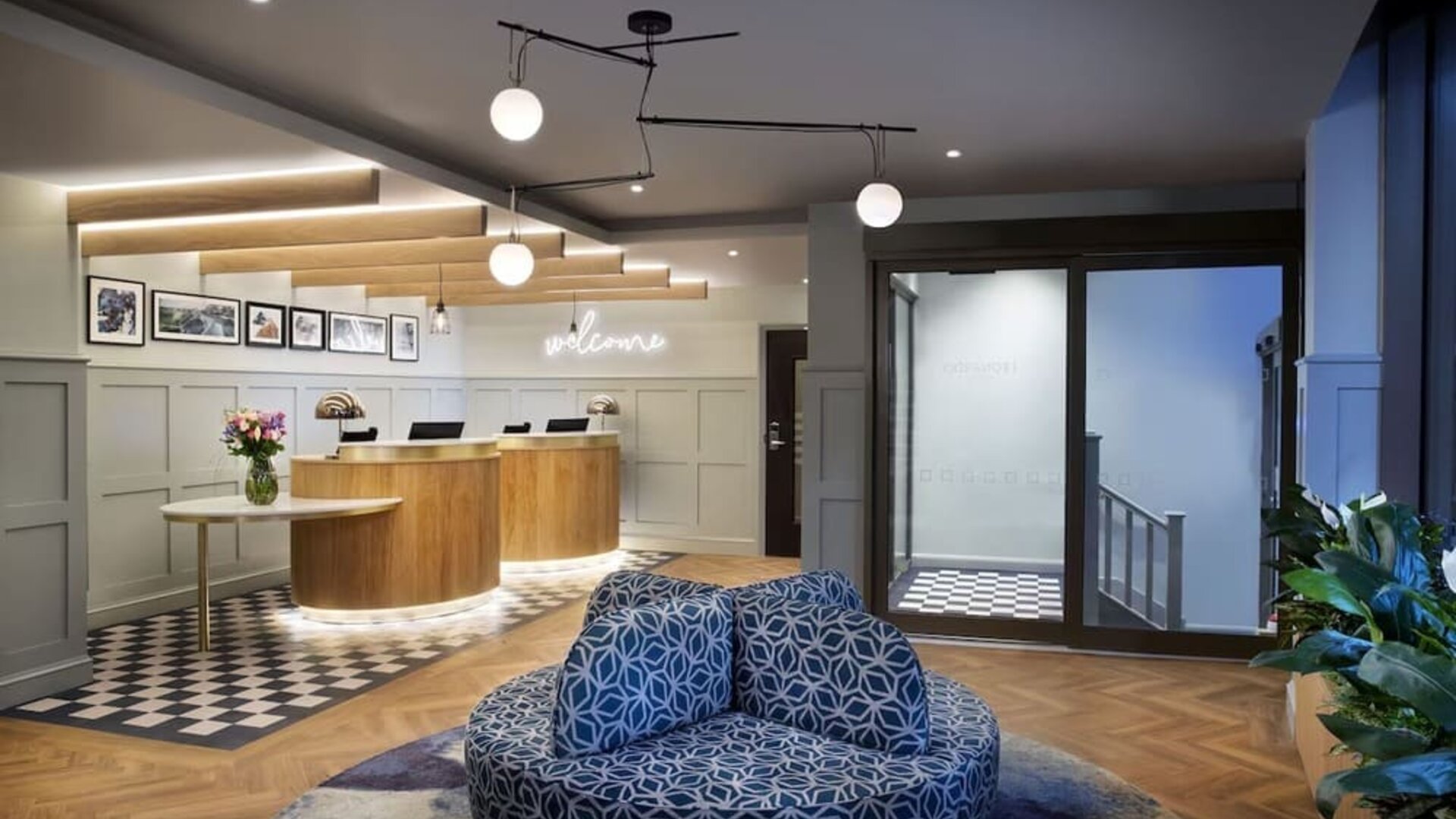 Lobby and coworking lounge at Leonardo Hotel Chester.