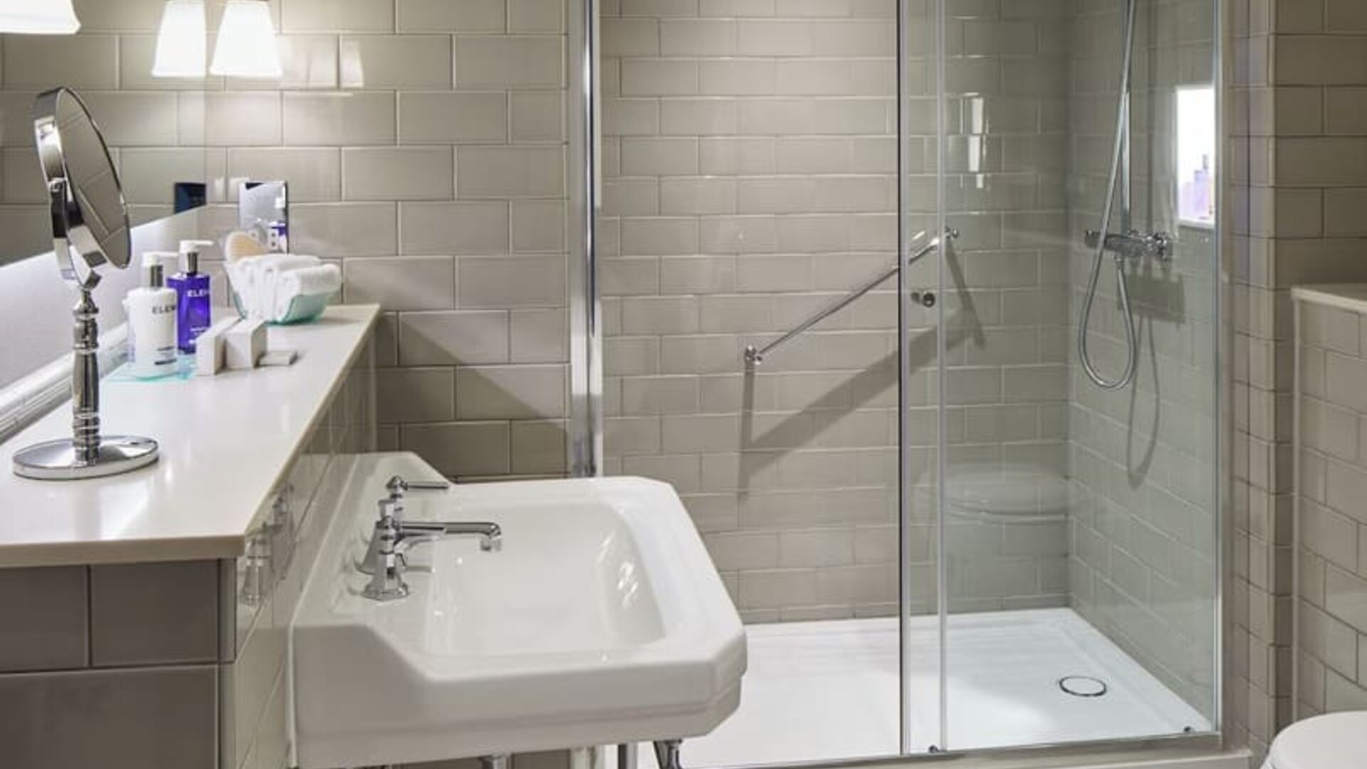 Guest bathroom with shower at The Midland - A Leonardo Royal Hotel.